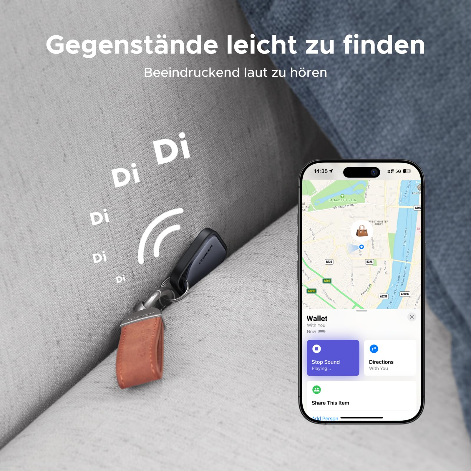 UGREEN FineTrack Smart Finder kompakte Abmessungen und spritzwassergeschütztes Gehäuse